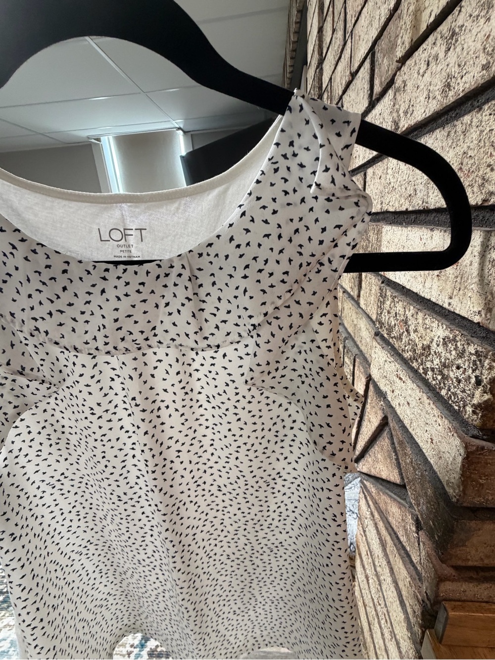 LOFT White Sleeveless Blouse with Black Micro Bird Print